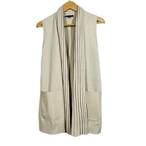 Lafayette 148 Cardigan Sweater Sleeveless Cream Ribbed Mix Media Casual Knit - S